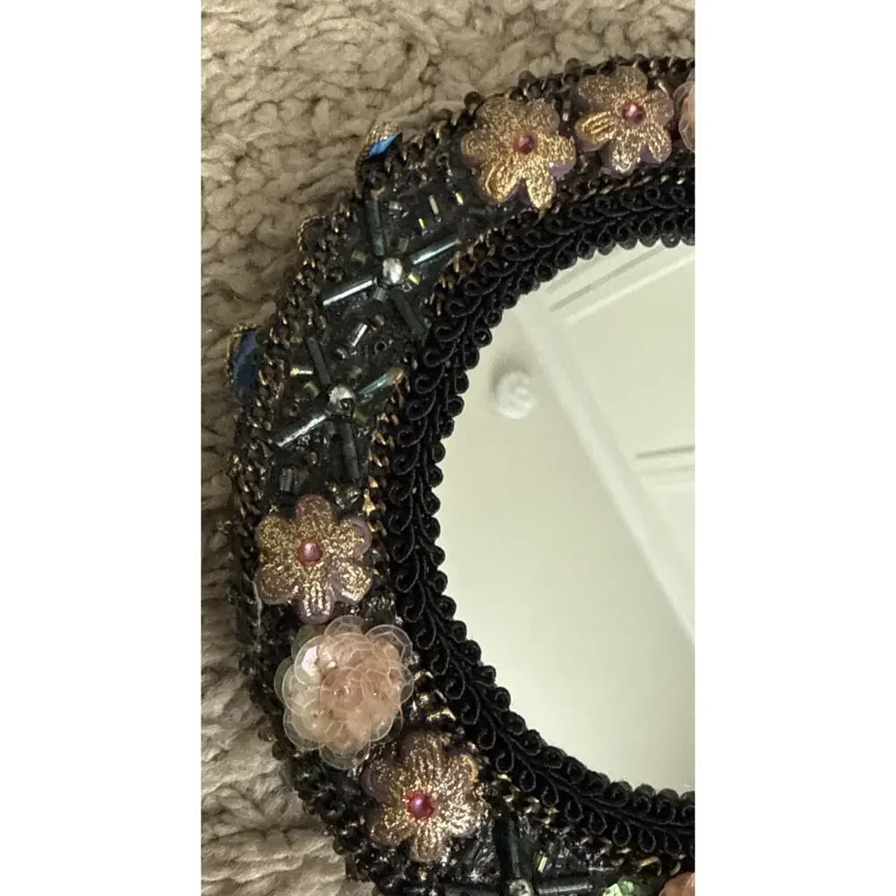 Vintage Beaded hand mirror with fairy mushroom and floral patterns